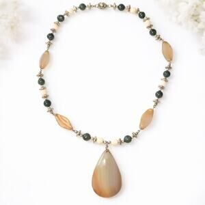 Vintage Miriam Haskell Agate Beaded Pendant Necklace Teardrop Stone Signed
